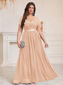 MISSMAY Plus Size Sweetheart Sequin Foral Lace Contrast Rhinestones Ribbon Waist Chiffon Formal Party Long Dress - Champagne - View 3