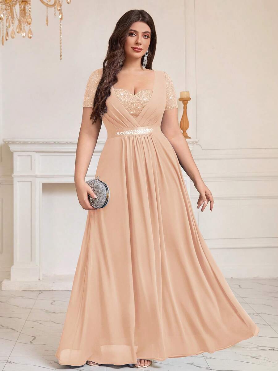 MISSMAY Plus Size Sweetheart Sequin Foral Lace Contrast Rhinestones Ribbon Waist Chiffon Formal Party Long Dress - 香檳色 - 查看 1
