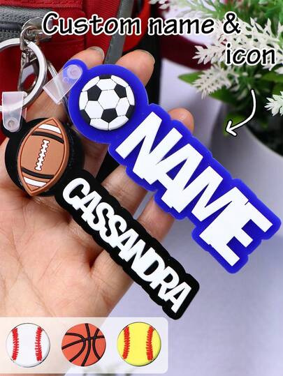 Custom Name Sports Keychain With Icon, Personalized Football Basketball Baseball Soccer Key Chain For Bag Backpack Keys, Customized Initial Letter Keychains For Team Players Friends Family, Everyday Accessory, Customizable Birthday Anniversary Gift, Unique Keepsake For Sports Lovers And Fans