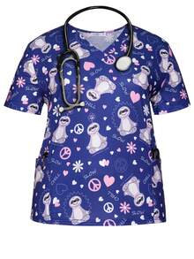 Plus Size Women's Cartoon Sloth V-Neck Short Sleeve Nurse Uniform Top With Pockets, Spring/Summer - Blue - View 1