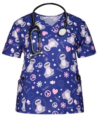 Plus Size Women's Spring & Summer Cartoon Animals Sloth V-Neck Scrub Short Sleeve Nurse Uniform Tops With Pockets For Women