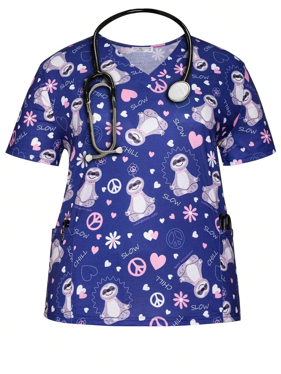 Plus Size Women's Cartoon Sloth V-Neck Short Sleeve Nurse Uniform Top With Pockets, Spring/Summer - Blue - View 1