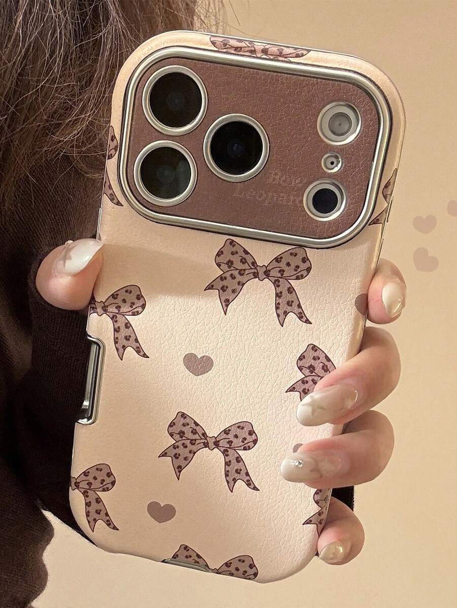 简约时尚豹纹蝴蝶结爱心手机壳，适用于 17/16/15/14/13/12/11 - 杏色 - 查看 1