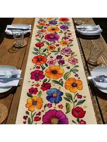 1pc Spring Floral Table Runner - Multicolor Beige And Poppy Daisy Violet Clover - Durable Polyester Fabric Easy Clean Tablecloth Suitable For Kitchen, Dining Room, Office, Coffee Table - Red - View 7