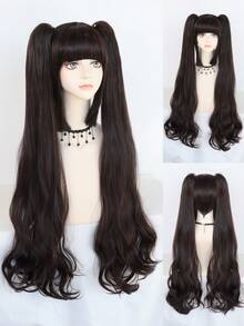 32inch Long Pigtail Body Wave Wig, Dark Brown With Bangs, Sweet & Cool Lolita Anime Cosplay Wig For Girls - Black - View 2