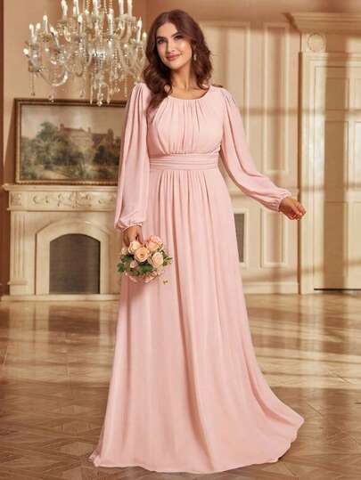 EVERPRETTY Plus Size Elegant Romantic A-Line Long Sleeve Pink Bridesmaid Dress, Formal Party Dress For Autumn Wedding Guest Spring