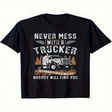 "Don't Mess With Truck Drivers" Graphic T-Shirt - Bold Half-Body Graphic With Wings, Loose Crew Neck, Durable T-Shirt, Suitable For Truck Drivers, Logistics Professionals, Father's Day Gift (Birthday/Father's Day Gift) - Comfortable Casual Clothing - Black - View 2