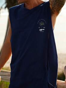 Áo ba lỗ nam kiểu dáng thường ngày in hình cây dừa và chữ - Màu xanh hải quân - Xem 4