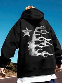 Oversized Hoodie Flame Silhouette Star Graphic Dark Gothic Rebel Streetwear Casual Winter Pullover Perfect Christmas Birthday Holiday Gift Idea For Edgy Attitude Lovers - 黑色 - 查看 2