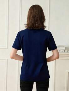 Women's Short-Sleeved T-Shirt With A Round Neck And Simple Slogan Print, Casual Summer Style, Loose Fit, Ideal For Everyday Wear And Holidays. Women's T-Shirt. Black - 藏蓝色 - 查看 5