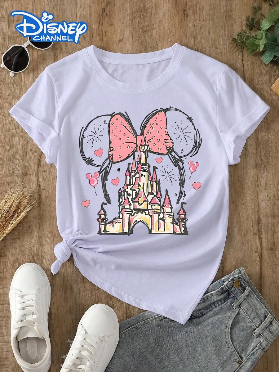 Disney Women's T-Shirt Featuring A Disney Castle Cartoon Print, This Soft, Comfortable, And Durable Fabric Makes It Perfect For Spring And Summer. The Women's Crew Neck T-Shirt Is Ideal For Everyday Wear, Shopping, Parties, Travel, And Gatherings. It Also Makes An Exquisite Gift. - 白色 - 查看 1