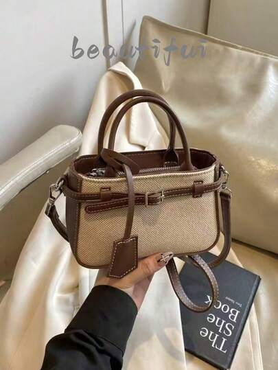 Liten, avslappnad handväska med färgblock och textur, mångsidig pendlarväska i vintagestil och metallspänne för kvinnor