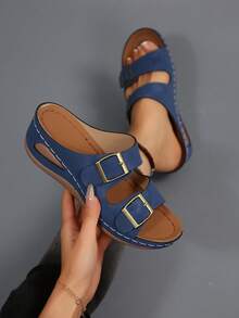 1 par de sandalias de plataforma cómodas de estilo bohemio con suela gruesa para vacaciones en la playa y uso al aire libre, sandalias de cuña de verano de moda casual para mujer - Azul Marino - Ver 2