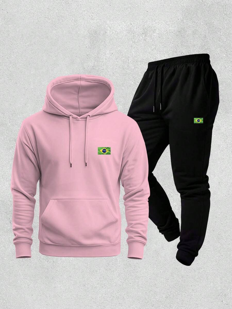 Men's Hoodie And Jogger Pants Set With Brazilian Flag Print, Casual, Minimalist, Sporty, Long Sleeves, Kangaroo Pocket, Comfortable For Autumn/Winter - Rosa - 查看 1