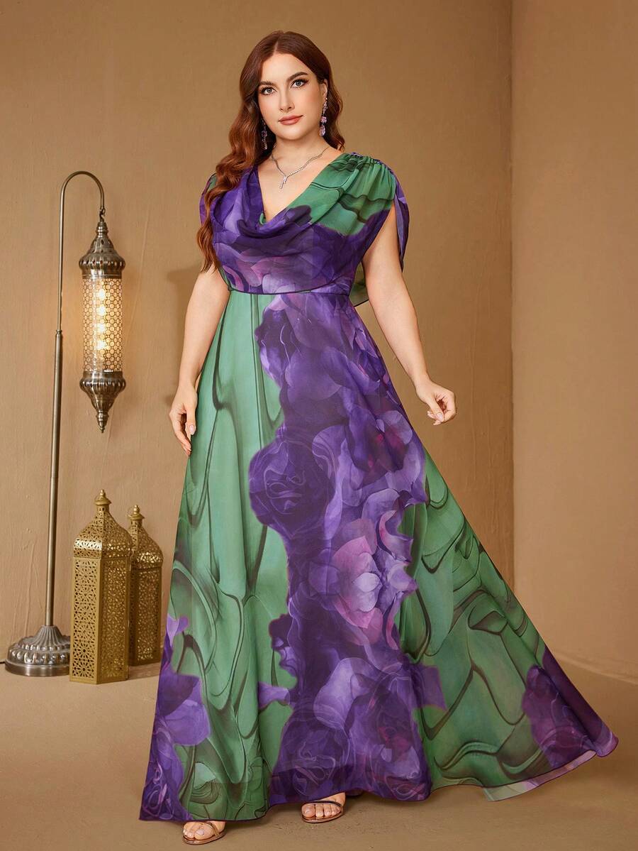 SUPGIR 【随机花卉水彩印花】加大码V领数码水彩优雅雪纺喇叭裙摆派对晚礼服婚礼春季 - 綠色 - 查看 1