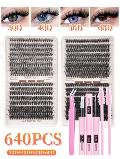 640pcs Eyelash Extension Kit (30D+40D+50D+60D), Includes Lashes, Glue And Tools, Professional DIY Mink Lashes For Salon-Like Lash Experience At Home