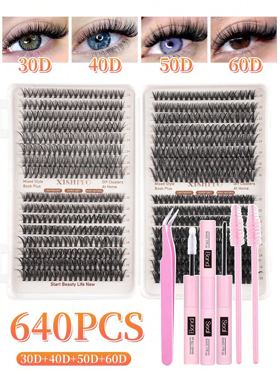640pcs Eyelash Extension Kit (30D+40D+50D+60D), Includes Lashes, Glue And Tools, Professional DIY Mink Lashes For Salon-Like Lash Experience At Home