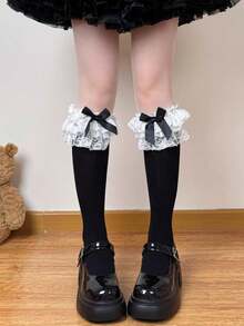 1 Pc Lolita Multi-Layer Lace French Style Knee High Socks, White/Black Bowknot Slouch Socks, Ballet Style Japanese JK Calf Socks - Multicolor - View 5