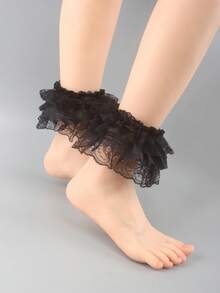 1 Paar Damen Schwarze Spitzen Blumen Trim Elastische Beinwärmer, geeignet für Partys, Hochzeiten, Lolita Stil Knöchelbündchen - Schwarz - Übersicht 4