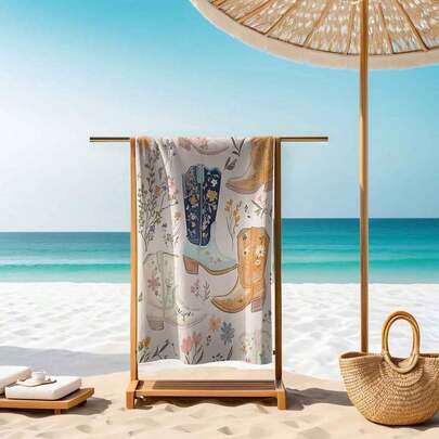 彩色牛仔靴搭配花卉图案超细纤维沙滩巾 - 柔软、吸水性强、速干 - 游泳、露营、沐浴的理想之选 - 热带风情、轻便、可机洗 | 趣味美学 | 轻盈