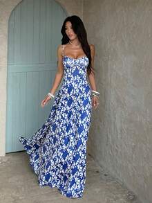 Elegant Full-Print Backless Maxi Dress, Suitable For Women's Vacation And Home Wear, Waist-Cinched A-Line Camisole Dress - Blue - View 6