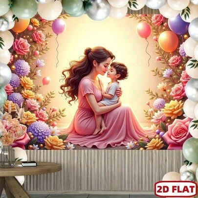 2D Flat, 1pc Mother's Day Banner, Flower & Balloon Design, Polyester Fabric Background, Suitable For Camera, Party & Home Decor, No Electricity Required, Perfect For Indoor Use