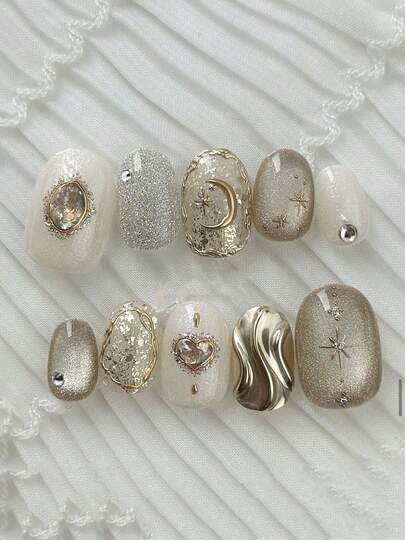 10pcs Handmade Sparkling Sequin Patches With Enchanting Moon & Star Patterns, Mysterious And Luxurious. Mainly In White And Beige, Accented With Gold And Silver, Easily Coordinate With Any Outfit To Make You Shine Brighter. Handmade Press On Nails