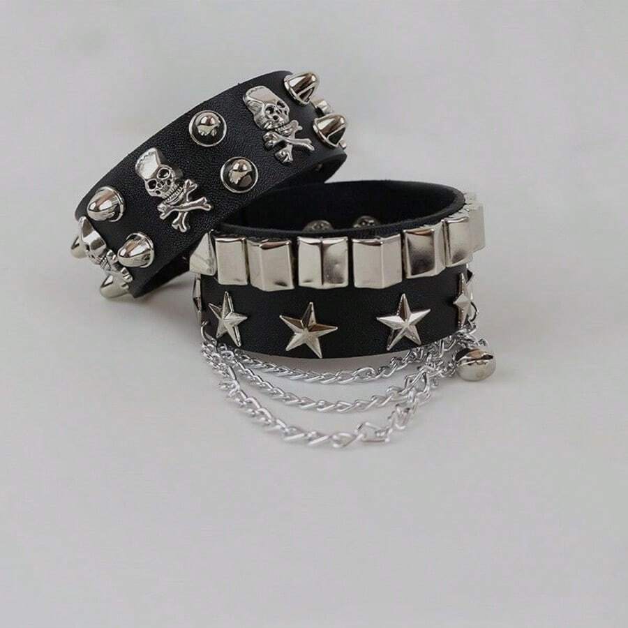 1pc Geometric Pattern Punk Chic Rivet PU Leather Bracelet, Suitable For All Seasons - Black - View 1