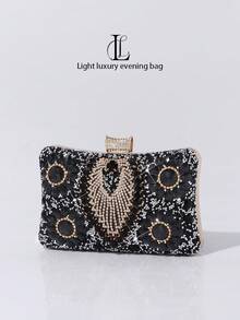 Women's Shiny Crystal Decorated Evening Clutch, European And American Fashion Party Handbag, Shiny Box-Shaped Bag, Perfect And Charming, Bridal Wallet, Wedding, Party, Prom, Nightclub, Birthday Gift, Valentine's Day Gift, Gathering, Crossbody Bag, Handbag, Clutch, Cosmetic Bag - 黑色 - 查看 3