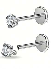 16G Stainless Steel Internally Threaded Zirconia Stud Earrings, Suitable For Ear Cartilage/Nose/Ear Rim/Lip Piercing - Ear Cartilage Earrings, Unisex, 2pcs/Set - Multicolor - View 9