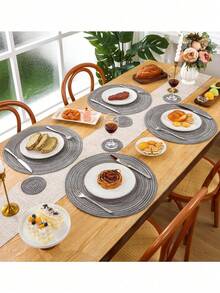 各种尺寸圆形编织餐垫，可水洗厨房餐桌垫，适合家庭聚会、婚礼派对和宴会餐桌装饰（黑灰色） - 黑灰色 - 查看 2