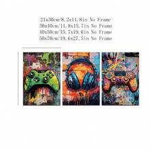 一套三幅游戏涂鸦艺术画，游戏主题海报，适合男孩卧室装饰，游戏室艺术品，游戏主题印刷品，男孩房游戏主题墙画，游戏主题墙画，无框 - 多色 - 查看 6