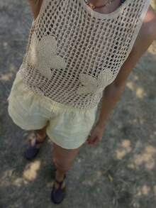 Women's Crocheted Knit Top, Sleeveless Round Neck With Unique Cutout Details, Medium Stretch Regular Fit Tank Top - Khaki - View 2