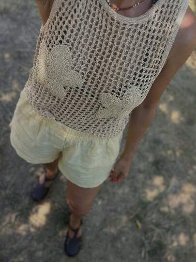 Parte superior de punto de ganchillo para mujer, sin mangas con cuello redondo y detalles de recorte únicos, top de ajuste regular con estiramiento medio