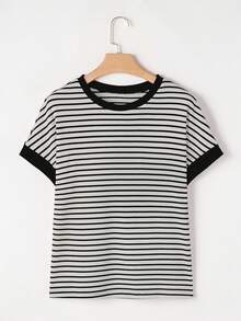 Áo thun dệt kim tay cánh dơi cổ tròn kẻ sọc, màu đen, phong cách thường ngày mùa hè. - màu đen - Xem 7