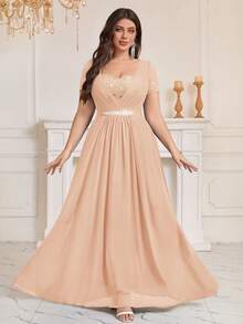 MISSMAY Plus Size Sweetheart Sequin Foral Lace Contrast Rhinestones Ribbon Waist Chiffon Formal Party Long Dress - Champagne - View 1