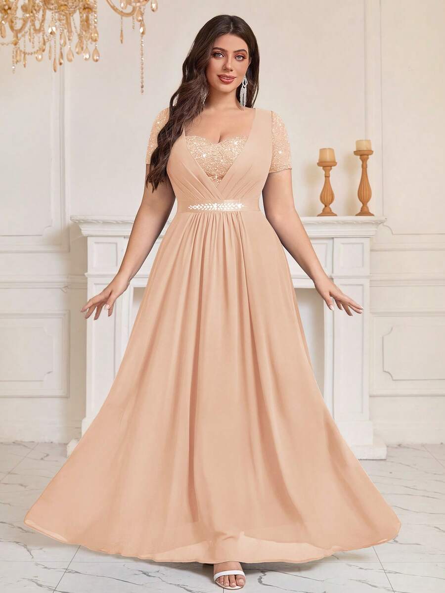 MISSMAY Plus Size Sweetheart Sequin Foral Lace Contrast Rhinestones Ribbon Waist Chiffon Formal Party Long Dress - Champagne - View 1