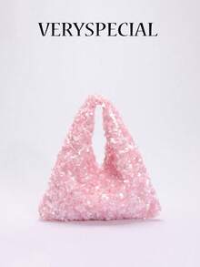 1 件优雅粉色樱花花卉亮片闪亮女士小手提包，简约晚装手拿包，适合约会、舞会、宴会、派对 - 粉色 - 查看 2