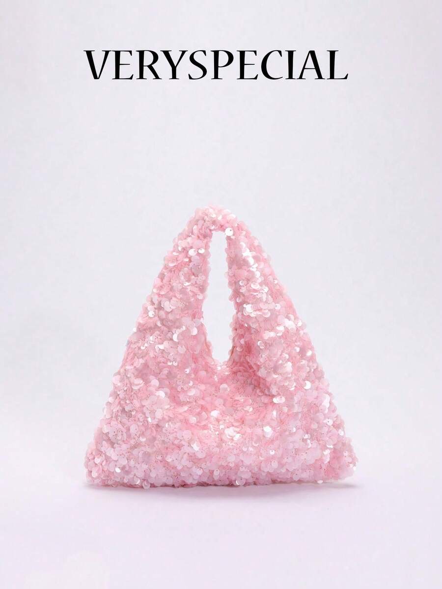 1 件优雅粉色樱花花卉亮片闪亮女士小手提包，简约晚装手拿包，适合约会、舞会、宴会、派对