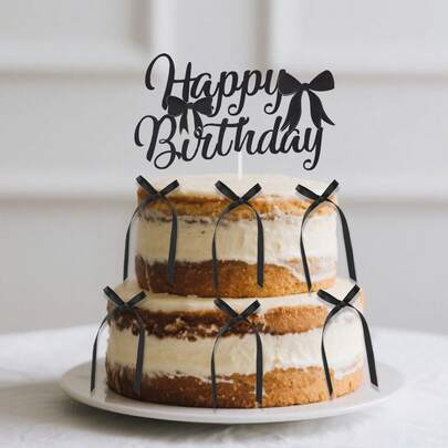 1个生日快乐蛋糕装饰插牌，配6个蝴蝶结，黑色闪光派对蛋糕装饰