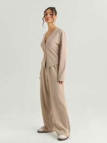 KATCH ME Women's Solid Color V-Neck Long Sleeve Button Tailored Top & Wide Leg Trousers Set, Cozy Two Piece Outfits For Fall & Winter - Oatmeal - View 8