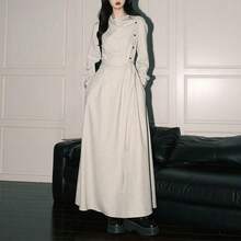 Nuevo vestido largo francés con cinturón de color albaricoque manga larga ajustable para mujer estilo artístico y popular vestido A línea para rezar - Blanco grisáceo [Versión gruesa] - Ver 1