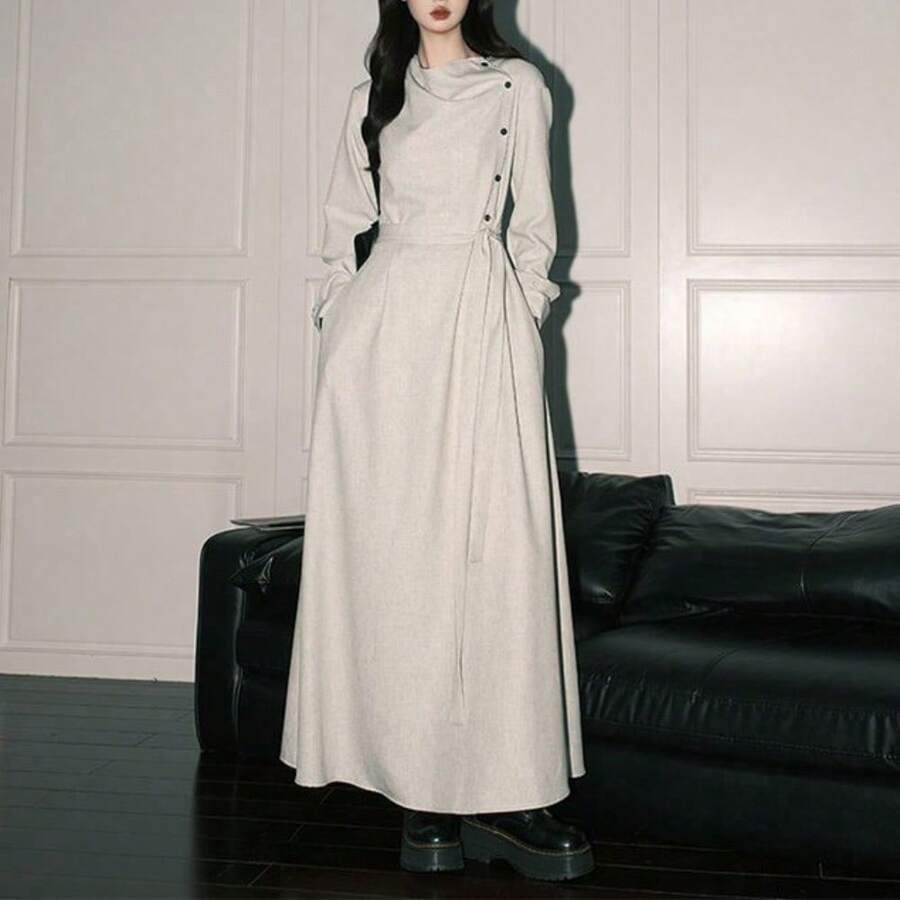 Nuevo vestido largo francés con cinturón de color albaricoque manga larga ajustable para mujer estilo artístico y popular vestido A línea para rezar - Blanco grisáceo [Versión gruesa] - Ver 1