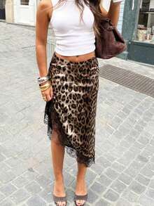 Women's Spring/Summer Sexy Leopard Print Satin Skirt, Asymmetric Lace Trim, Bohemian Style Suitable For Brunch, Casual Party, Daily Wear, Street Date - Khaki - View 5