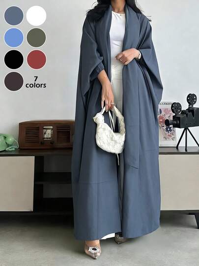 Solid Color Loose Long Cardigan Robe, Batwing Sleeve Slimming Outerwear, Muslim Conservative Style Daily Commute Versatile Abaya (Excluding Scarf)