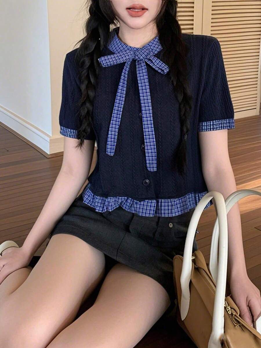 女士夏季休闲日常通勤学院风纹理面料格子印花扭领短袖二合一T恤 - 藏蓝色 - 查看 1