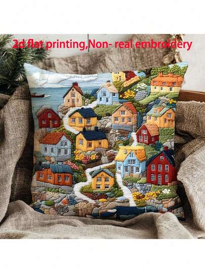 1pc 45.72 X 45.72 Cm Double-Sided Pillow Case With 2D Design Of Fishing Village Fjällbacka, Sweden, Suitable For Sofa, Bedroom, Outdoor And Living Room (Pillow Insert Not Included), No Embroidery