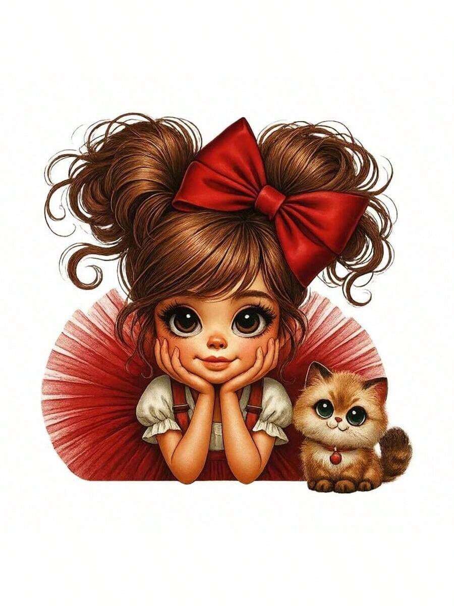 1张/2张/3张卡通女孩和小猫热转印贴纸，适用于DIY T恤、牛仔裤、枕头、背包、帽子和沙发套，防水、防褪色、耐用塑料贴纸，趣味图案，可用于布料装饰、服装点缀、工艺爱好等。 - L - 查看 1