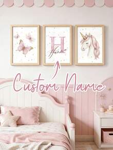 3pcs Personalized Wall Art Prints, Customized Name Unicorn & Butterfly Canvas Painting, Cute For Girl's Room, Apartment, Home Decor, Unique Birthday Gift For Friends, Kids, Family, Unframed - Pink - View 1