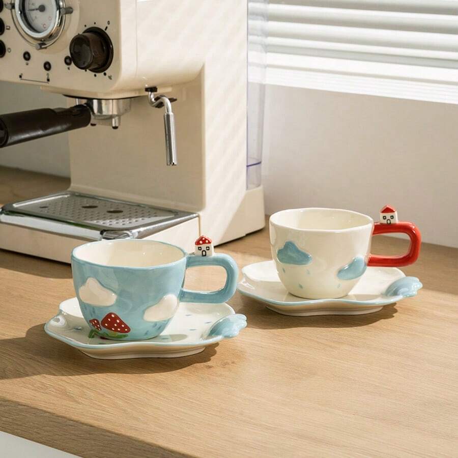 1 Set Creative Hand-Pinched & Painted 3D Cloud House Ceramic Coffee Cup & Saucer